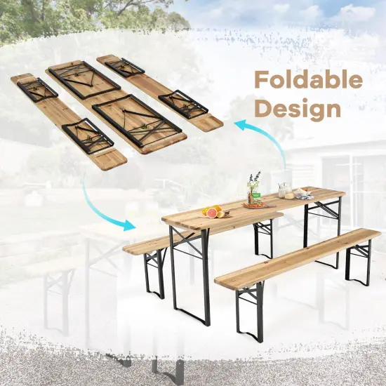Costway 3 PCS Beer Table Bench Set Folding Wooden Top Picnic Table Patio Garden {6}