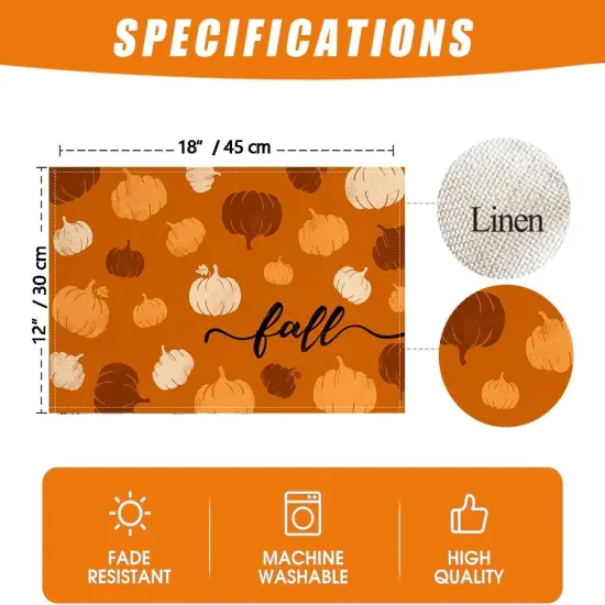 Set of 4 Fall Orange Pumpkin Placemats - 12x18 Inch (Orange) {5}