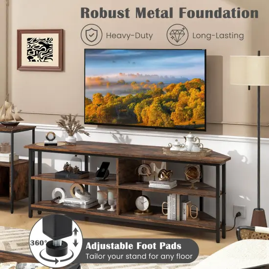 Costway Corner TV Stand for TVs up to 65" TV Console Table with AC Outlets&USB A Ports Rustic Brown/Black/White {6}
