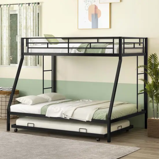 Costway Twin Over Full Metal Slats Bunk Bed Frame with Trundle, Guard Rail & Ladders White/Black {6}