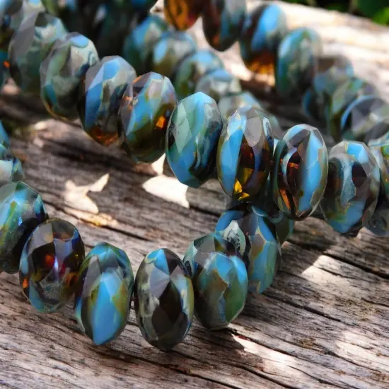 *25* 5x8mm Root Beer Amber Turquoise Picasso Fire Polished Rondelles {4}