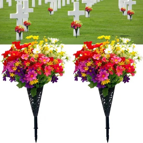 Artificial Cemetery Flowers,Set of 2 Artificial Mums Bouquet Grave Memorial Flowers with 2 Cemetery Vase with Drainage Hole Long Spikes for Cemetery Headstones Graveyard Decoration {1}