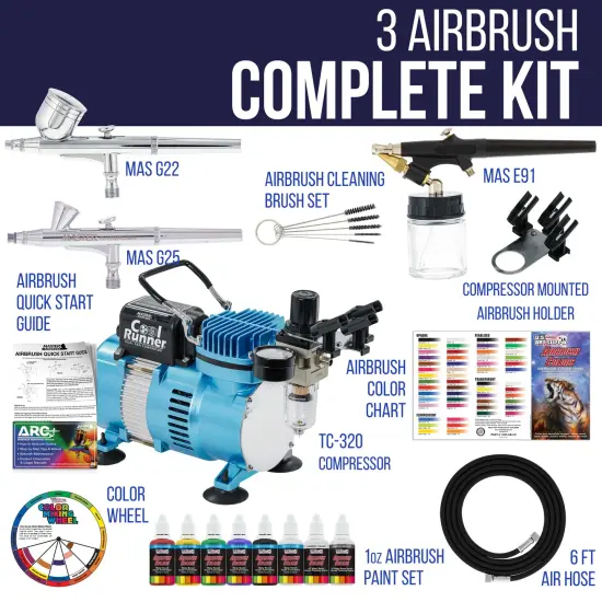 Cool Runner II Dual Fan Air Compressor Airbrushing System with 3 Airbrushes - 6 Primary Opaque Colors Acrylic Paint - How To Guide {2}