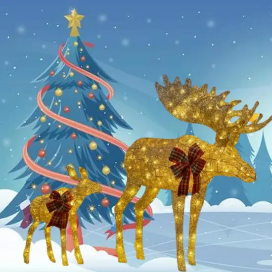 42 and 22 Inches Rustic Champagne Thread Deer Set of Two Reindeer Decor {4}