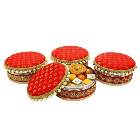 4 Ct Steel Ladoo Box 250 Grams Festival Special Stainless Steel Sweets Gift Box Perfect for Holi Diwali Rakhi Housewarmings Mithaai Desert Box Gold/Beige {3}
