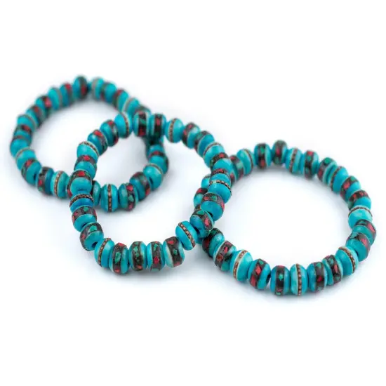 The Bead Chest Mala Stretch Bracelet, Turquoise Blue - Stackable Nepal Bone Inlaid with Turquoise & Coral Colors, 100% Authentic and Genuine {3}