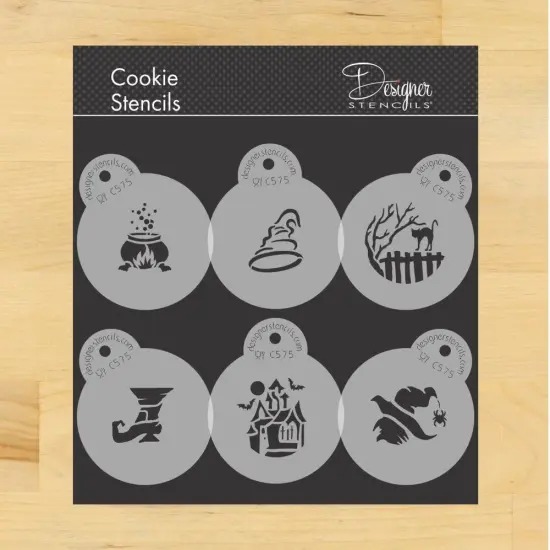 Halloween Cookie Stencil Set: Witch Shoe, Hat, Cauldron, Cat on Fence, Haunted House, Witch's Head | C575 by Designer Stencils | {1}