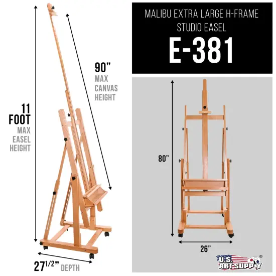 Heavy Duty Extra Large Adjustable Wood H-Frame Easel - Sturdy Wooden Stand, Locking Caster Wheels - Studio Artist Easel for Painting, Canvas Holder Display, Sturdy Beechwood {2}