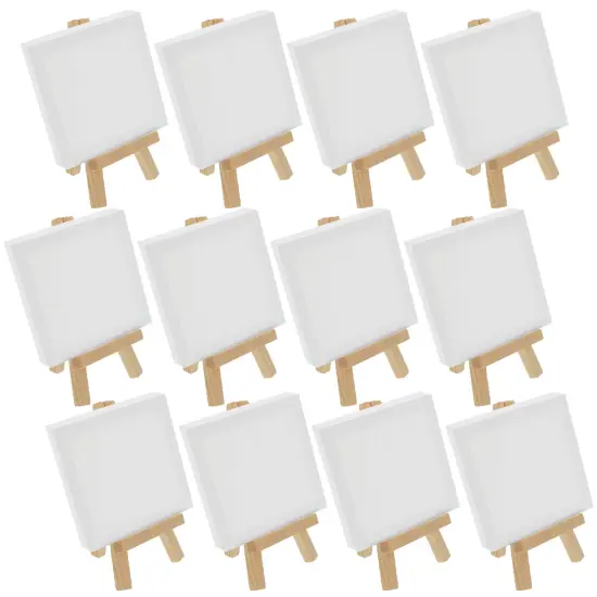 3" x 3" Stretched Canvas with 5" Mini Easel Kit (12 Pack) - Natural Wooden A-Frame Tabletop Display Stand, Mini Easel Stand - Small Easels for Display, Small Canvases, Crafts, Photos {1}