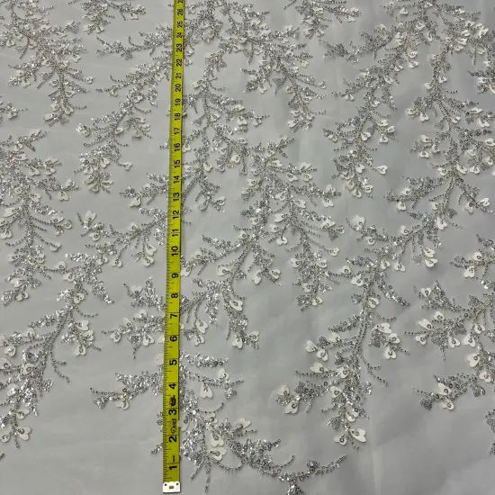 1 Yard Ivory Silver Beaded 3D Floral Lace Fabric, Embroidered Polyester Mesh, 54" Wide Ivory with Silver {7}