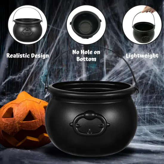 4E&rsquo;s Novelty 7.5" Black Plastic Cauldron Candy Bowl &ndash; Large Halloween Witch Pot Bucket for Trick or Treat, Party Table Centerpiece, St. Patrick&rsquo;s Day Pot of Gold, Leprechaun Decor, Wizard Accessory {5}