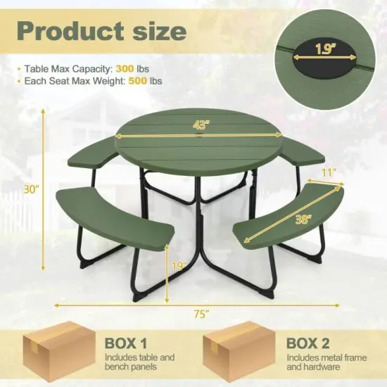 75" Round HDPE 8-Seater Outdoor Picnic Table with Umbrella Hole and Metal Frame Green {2}