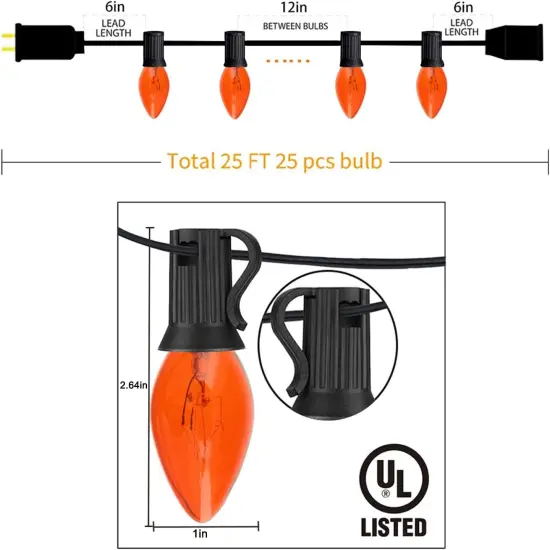 25Ft Outdoor Orange String Lights C7 Orange Halloween Lights {2}