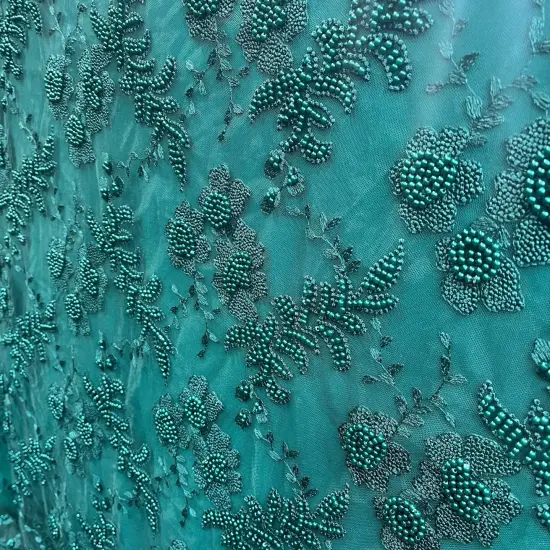 1 Yard Jade Beaded Lace Fabric with Pearls Embroidered on 100% Polyester Net Mesh 52" Width {3}
