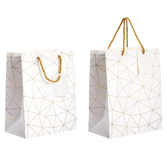 16-Pack Medium White and Gold Gift Bags with Handles & Tags for Weddings Baby Bridal Showers Birthday Party Favors, 4 Geometric Foil Designs (8 x 10 x 4.5 Inch) {6}