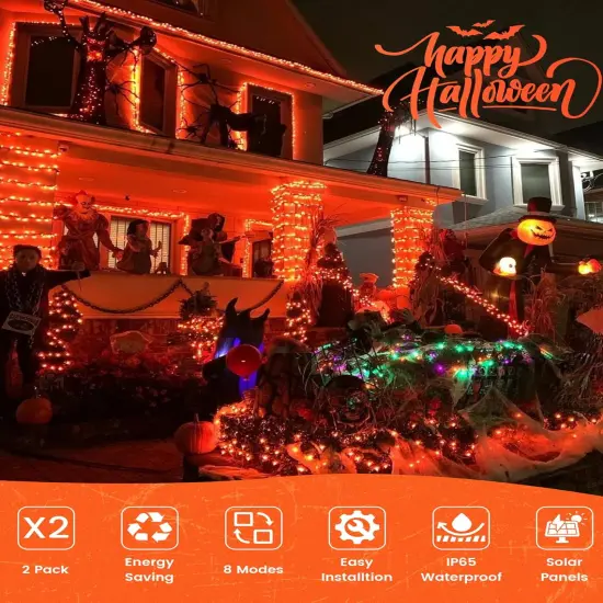 2 Pack Orange 33ft 100 LED Halloween Solar Fairy Lights Outdoor {2}