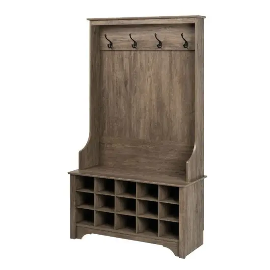 15 Cubbies Wooden Hall Tree with Shoe Storage Bench and Coat Hooks for Entryway Organization Grey {7}
