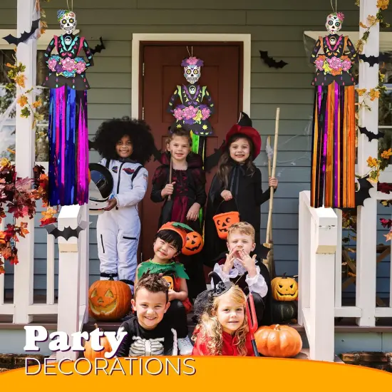 4E's Novelty Day of The Dead Hanging Decorations &ndash; 3 Pack 36" Sugar Skull Banners, Dia de Los Muertos Indoor Outdoor Party Supplies, Halloween Vertical Backdrop for Home, Yard, Door, Window Decor {2}