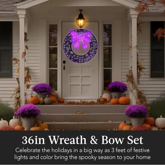 36in Pre-Lit Outdoor Halloween Wreath w/ 120 Lights, Bow {2}