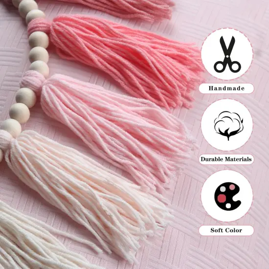 Pink Yarn Tassel Garland Boho Preppy Wall Hanging Decor Bunting Banner Tassels with Wood Bead for Nursery Classroom Office Birthday Party Baby Shower Kids Girls Dorm Bedroom Decorations {3}
