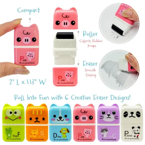 Wrapables Cute Animal Erasers with Clean Up Roller and Cover (Set of 6) {2}