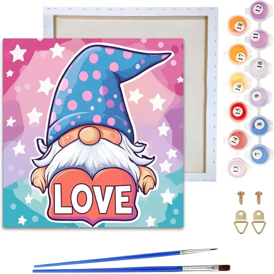 Framed Paint by Numbers Kit for Adults & Beginner - 8x8 Inch Canvas Valentine's Day Paint by Numbers - Gnome Educational & Creative Art Set for Beginners - Perfect for Home Wall Decoration {1}