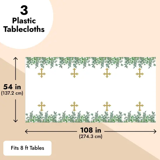 3-Pack Religious Table Covers for Easter Party, Baptism, First Communion, Catholic Gold Cross Plastic Tablecloth - 54x108 inch - Party Accessory for Themed Events and Special Occasions {4}