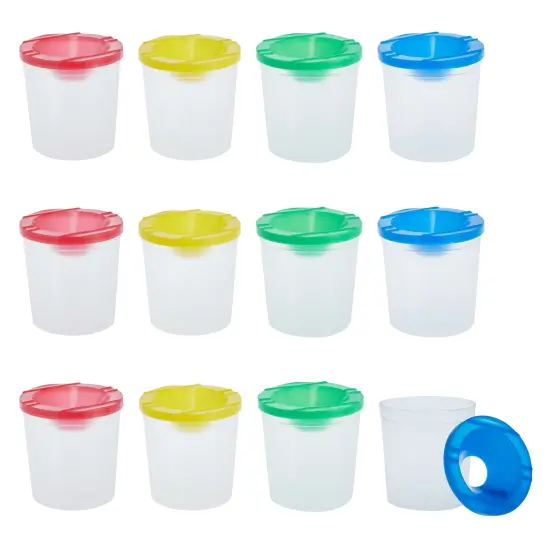 Juvale 12 Pack No Spill Paint Cups With Lids for Kids Ages 3-14, Arts and Crafts Supplies for Classrooms (4 Colors, 3 x 3 In), No Mess Paint Water Cup Multicolor {1}