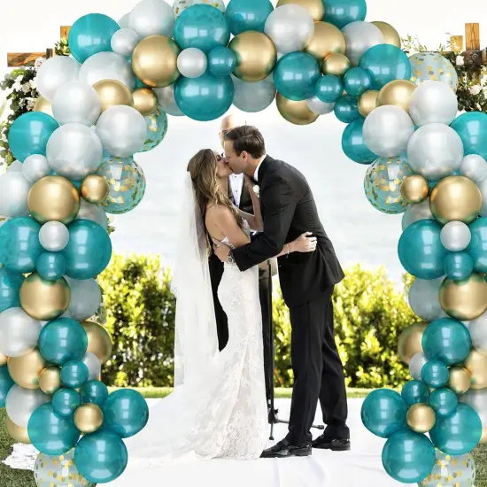 Matte Turquoise Blue Pearl White Balloons Garland Arch Kit Metallic Gold Balloon with Gold Confetti Latex Balloon Teal Blue Balloons Chrome Gold Party Decorations {4}