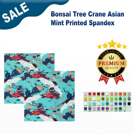Bonsai Tree Crane Asian Mint Printed Spandex {1}