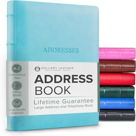 Gallery Leather Large Address Book with Alphabetical Tabs up to 480 records, Leather Notebook Hardcover, Telephone and Address Books - 9x7, Acadia Pool {1}