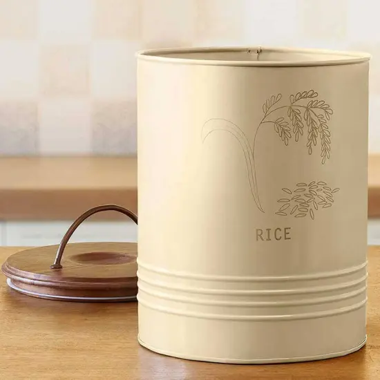 Metal Rice Storage Barrel with Wooden Lid - Sleek & Durable Kitchen Canister-8.6X8.6X11" {3}