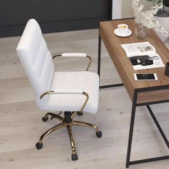 Merrick Lane Milano Contemporary Mid-Back Home Office Chair with Padded Arms WhiteFxLea/GoldFrame {3}