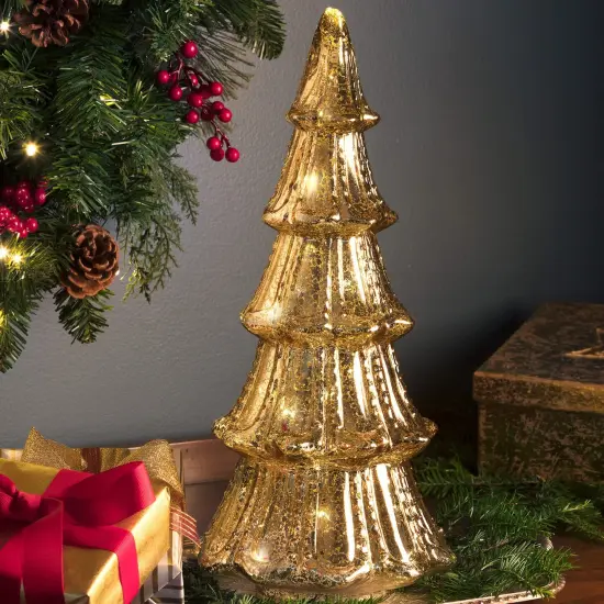 Haute Decor 14 Inch Battery Operated Lighted Mercury Glass Gold Christmas Tree with Built-in Timer and 20 Warm White Lights {5}