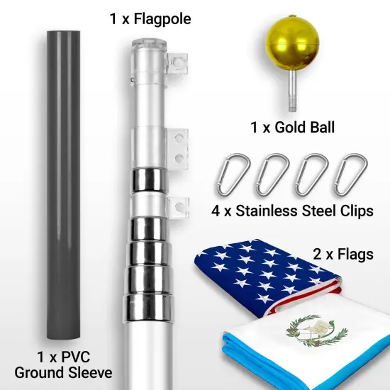 G128 Combo Pack: 20 Ft Telescoping Aluminum Flagpole (Silver) & American and Guatemala Flags 3x5 Ft, Both ToughWeave Series Embroidered Polyester | Pole with Flags Included {2}