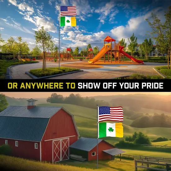 G128 Combo Pack: 20 Ft Telescoping Aluminum Flagpole (Black) & American and Ireland Shamrock Flags 3x5 Ft, Both ToughWeave Series Embroidered Polyester | Pole with Flags Included {6}