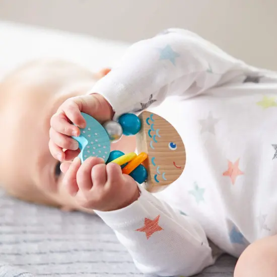 HABA Rattlefish Wooden Baby Rattle and Teething Toy with Plastic Rings, Teething Toys 6-12 months, Grasping Toy for Babies, Made in Germany Multicolor {6}