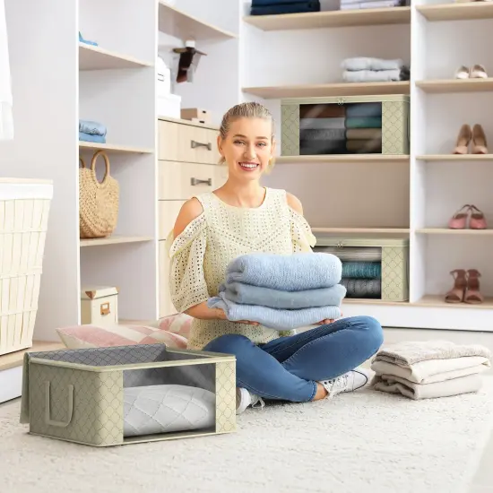 Sorbus Medium Clothes Storage Bags 6 Pack - Foldable Blanket Organizer Bins with Window, Lids, and Handles Beige {2}