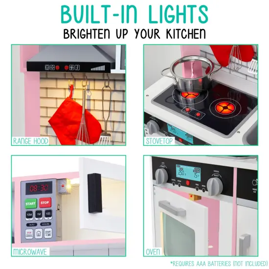 Lil' Jumbl Small Wooden Pretend Play Kitchen Set for Kids with Stovetop, Oven, and Interactive Features Pink {3}