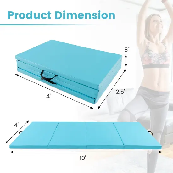 4-Panel PU Leather Folding Exercise Mat with Carrying Handles and Hook and Loop Fasteners Blue {4}