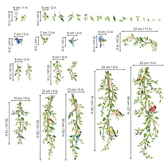 decalmile Hanging Vine Wall Decals Birds Green Leaf Wall Stickers Bedroom Living Room Office Kitchen Wall Decor {4}