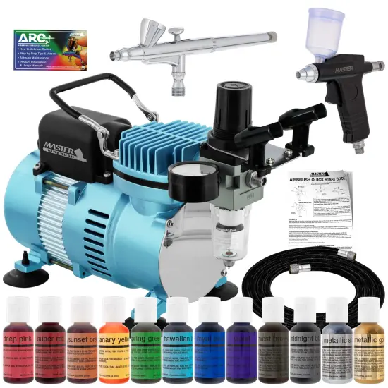 Deluxe Cake Decorating Airbrushing System Kit with 2 Gravity Feed Airbrushes, Set of 12 Food Colors, Dual Fan Air Compressor - How To Guide {1}