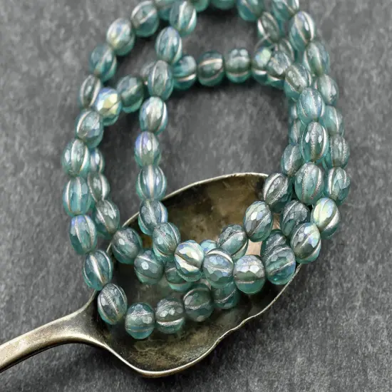 *25* 6mm Platinum Washed Matte Teal AB Faceted Round Melon Beads {3}