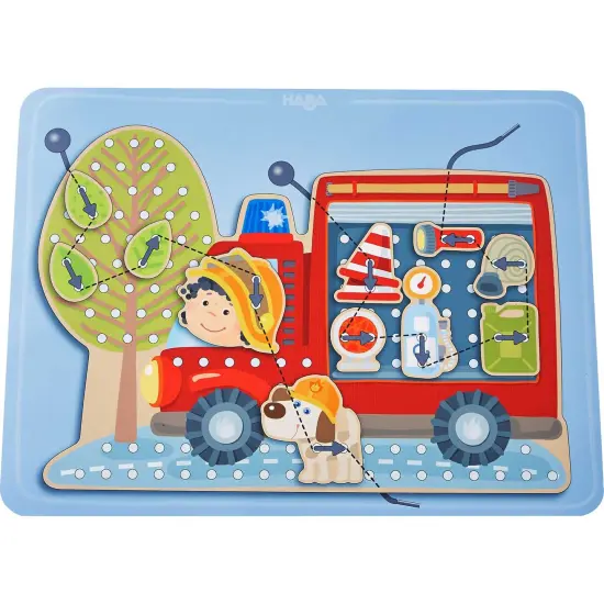 HABA Fire Engine Rescue Themed Lacing Toy Set for Preschool Learning, Fine Motor Skills Development Game with 38 Threading Tiles and 2 Template Cards Multicolor {7}