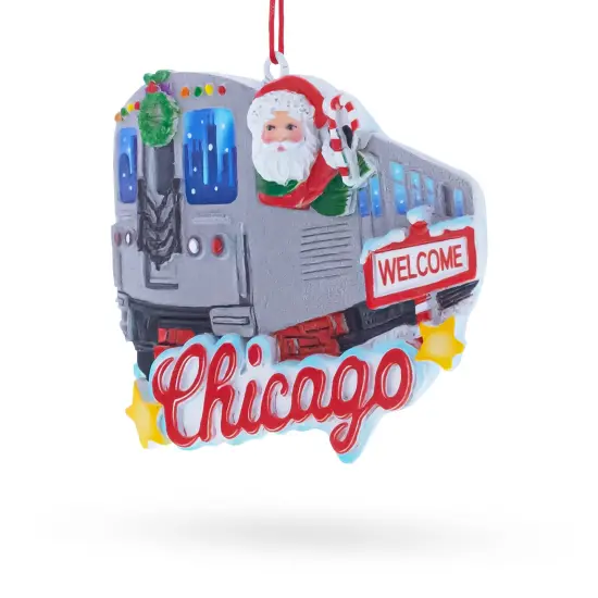 Chicago Train with Santa and Welcome Sign Resin Christmas Ornament {3}