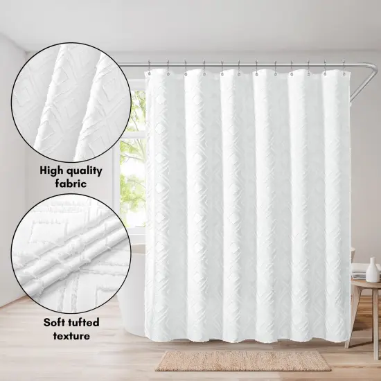Americanflat 71x71 White Woven Shower Curtain with Tassel And Accents - Includes 12 Grommets and Hooks - 100% Polyester {4}
