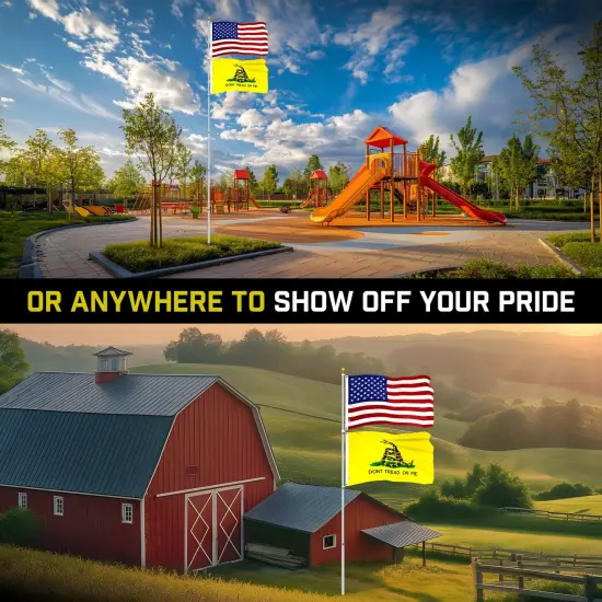 G128 Combo Pack: 20 Ft Telescoping Aluminum Flagpole (Silver) & American and Gadsden Flags 3x5 Ft, Both ToughWeave Series Embroidered Polyester | Pole with Flags Included {6}