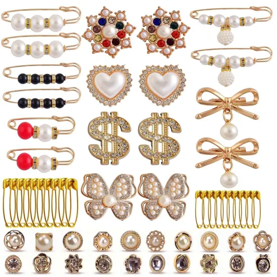 Charms for Socks Safety Pins 54pcs Brooches and Pins for Women Gold Junk Sock Charms Pins Jewelry Accessories Bulk Rhinestone Pearl Brooch Pins Button Pins for Women Clothes Hats Shoes Scarf Shawl {1}