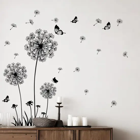 Supzone Dandelion Wall Stickers Flower Wall Decals Butterflies Flying Wall Decors Art Stickers for Bedroom Living Room Sofa Backdrop TV Wall Decor (White Black) {4}