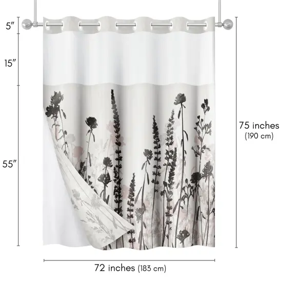 Americanflat 72x75 Hookless Shower Curtain - Floral Cream and Red Shower Curtain with Sheer Panel, Snap-In Liner, and Grommets - 100% Polyester {2}